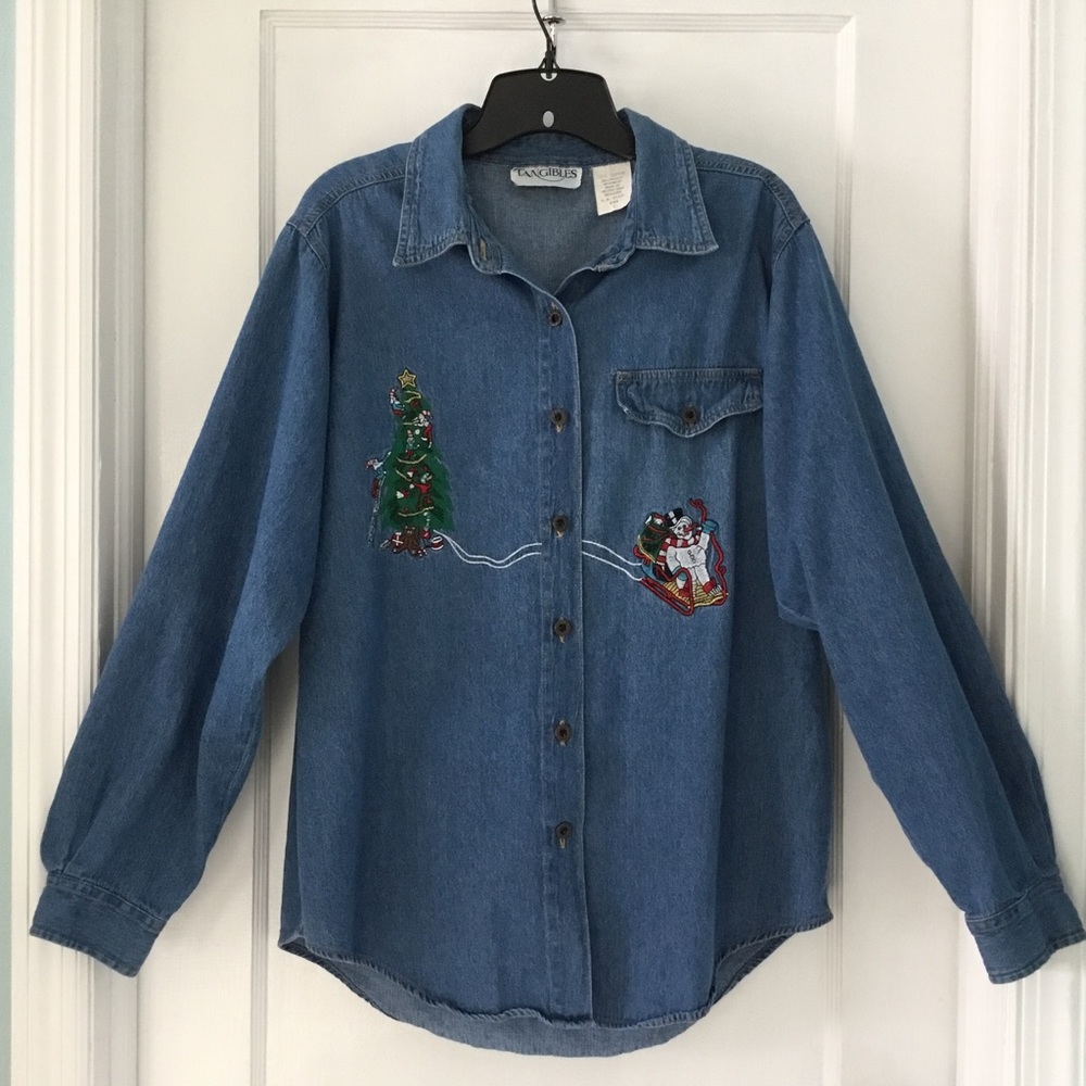 Tangibles Vintage Christmas Denim Button Down Shirt, Size L, Excellent Condition